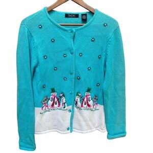 Vintage Crystal Kobe Christmas Cardigan Sweater Snowman Holiday Turquoise Size M